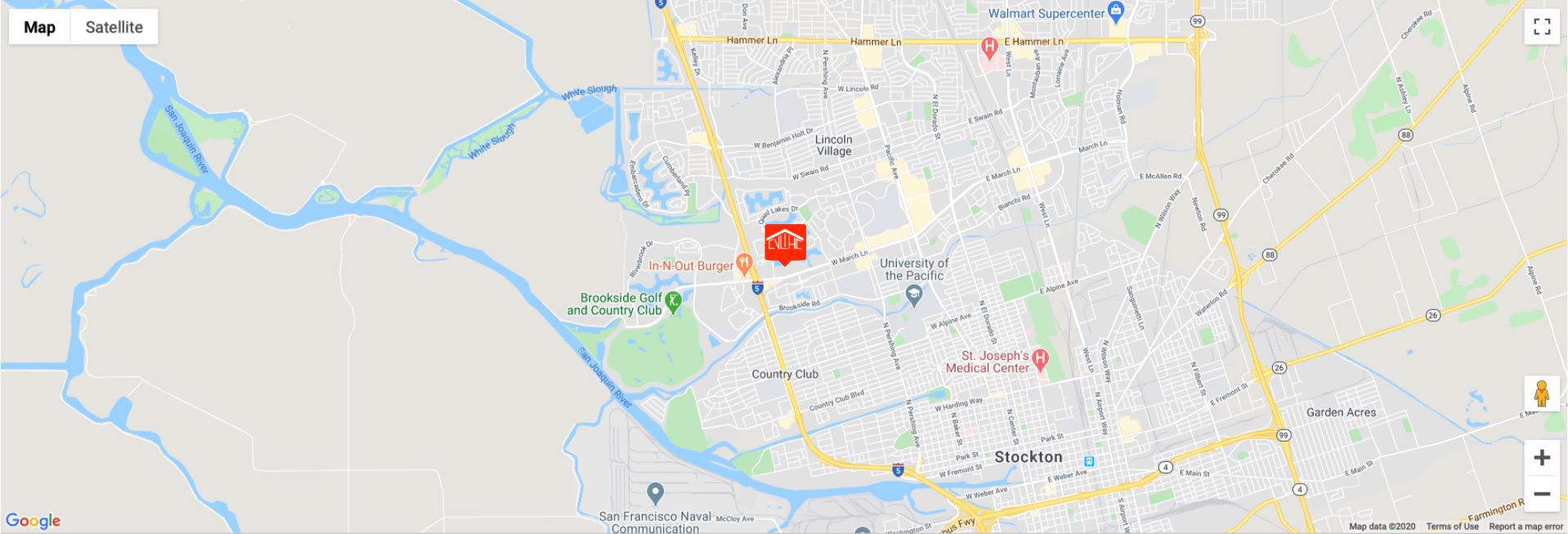 Map of Stockton with a marker pointing to Central Valley Low Income Housing